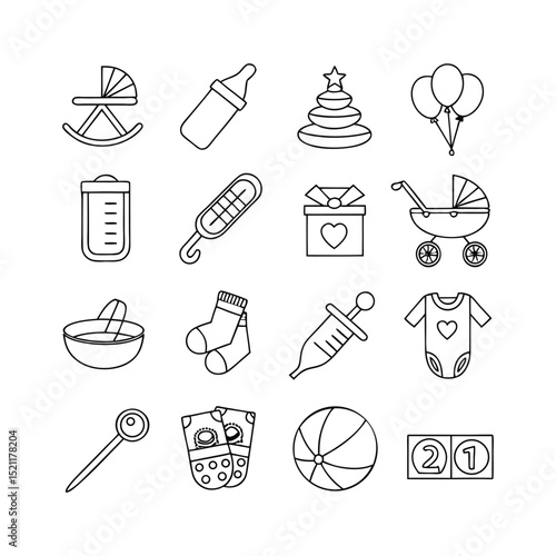 Baby Feeding Utensils and Bottle Icons – Cups, Bowls, Bottles, Spoons, Formula Vector Line Design