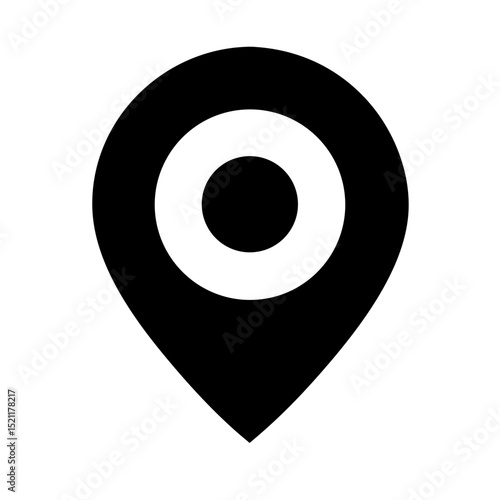 Black vector icon of location pin with circular center representing map navigation GPS travel direction and digital positioning system