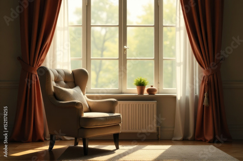 A single chair sitting in front of a window with an open view
