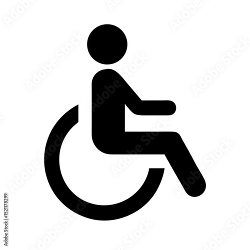 Black vector icon of accessibility wheelchair with human figure indicating movement representing inclusivity mobility and equal access