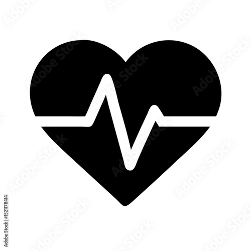 Black vector icon of heart with electrocardiogram line symbolizing health care medical monitoring and cardiovascular wellness