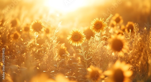Fototapeta Naklejka Na Ścianę i Meble -  A field of sunflowers, with the flowers blooming towards the sunlight