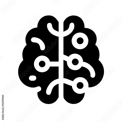 Black vector illustration of brain with network nodes symbolizing mental health cognitive therapy neuroscience and psychological wellness