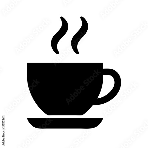 Flat vector of black coffee cup icon with steam rising above for breakfast