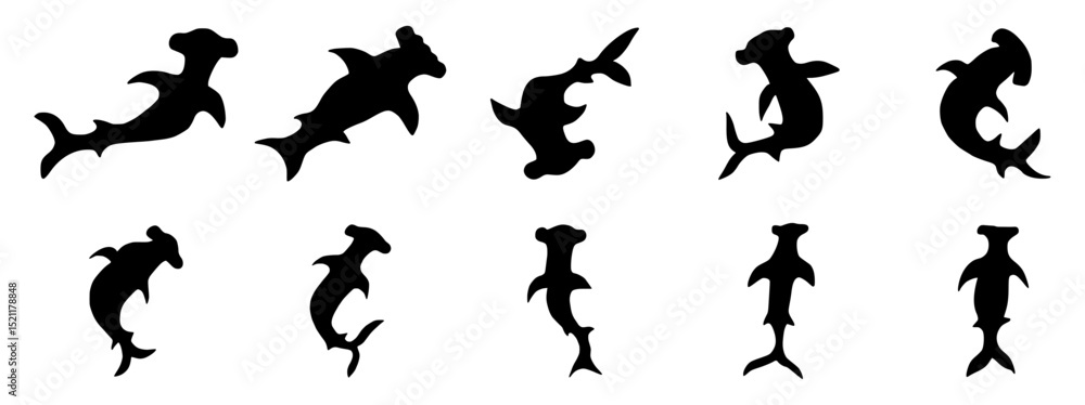 Hammerhead shark silhouette set, black hand drawn flat vector illustration of hammerhead isolated Hammerhead shark silhouette set, black hand drawn flat vector illustration of hammerhead isolated