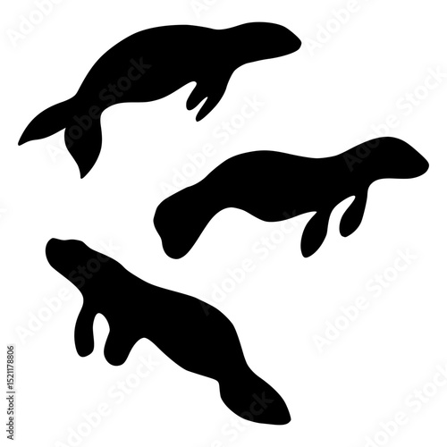 Manatee silhouette set, black hand drawn flat vector illustration of a Manatee, Manatee logo, marine life