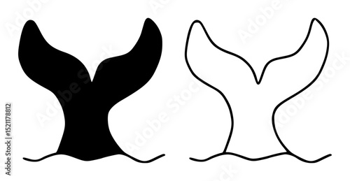 Whale tail in water silhouette isolated, Black shark tails and sea wave. Sea life symbol. Logo outline. Vector illustration