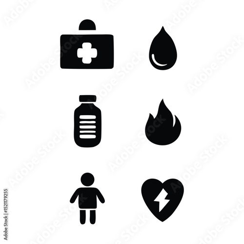 First aid and emergency care silhouette vector set featuring baby with heart, fire, blood drop, medicine bottle, and medical kit icons for child safety, rescue, and health illustrations
