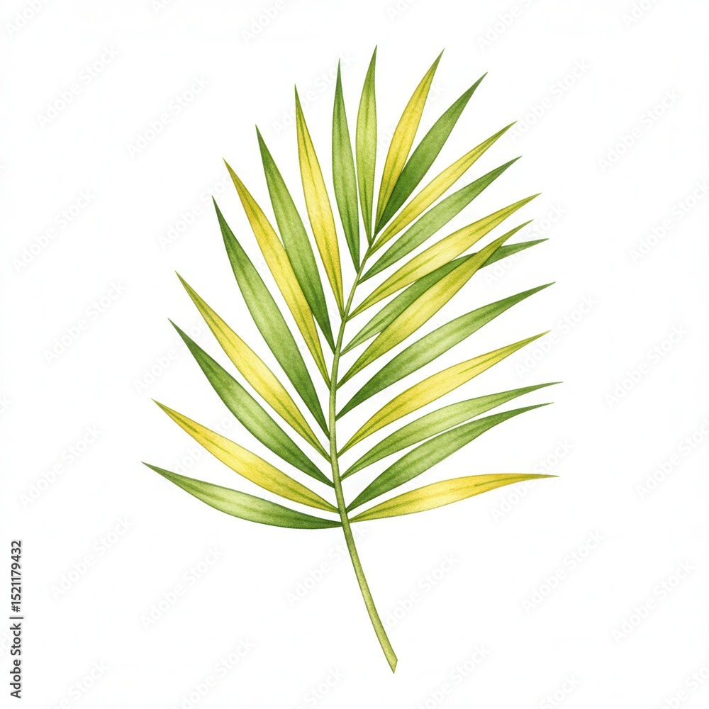 A watercolor illustration depicts single palm frond, featuring vibrant green and yellow tones, set against stark white backdrop highlighting its delicate form. A watercolor illustration depicts single palm frond, featuring vibrant green and yellow tones, set against stark white backdrop highlighting its delicate form.
