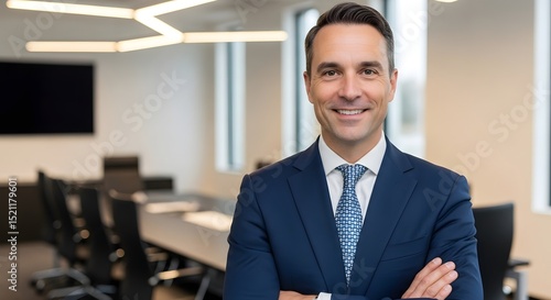 A confident business executive exudes professionalism and approachability in a modern office setting. This striking portrait embodies the essence of a leader, capturing intelligence and charisma.