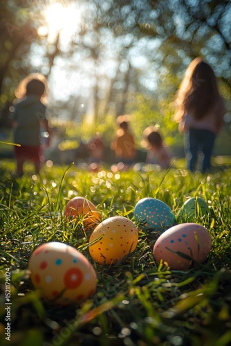 Colorful easter eggs are scattered across the grass, with children happily searching for them under the soft sunlight