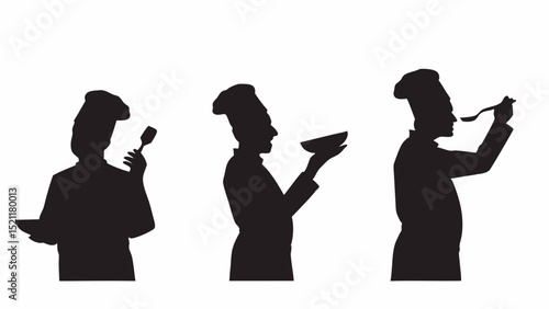 Three chef silhouettes showing different actions like tasting food and holding a bowl on white background