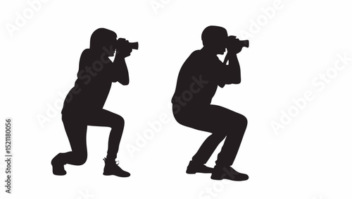 Two photographers in silhouette taking photographs in a crouching position on a white background