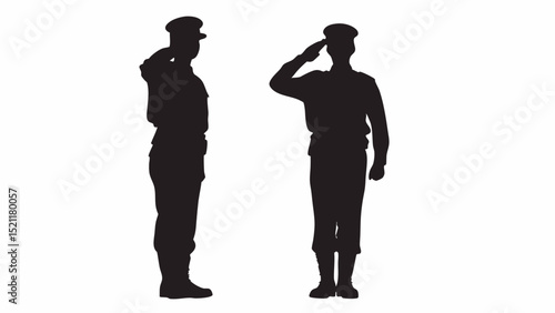 Two silhouetted figures in military uniform saluting against a white background in a simple design