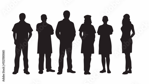 Silhouette of medical professionals standing together in a group formation on white background image view