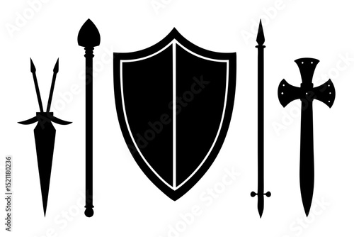 Medieval Weapons Shield, Spears, and Sword Silhouettes
