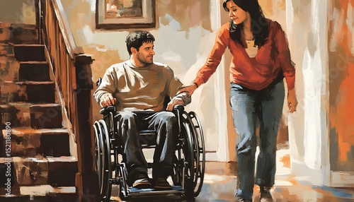 A woman helping a man in a wheelchair.