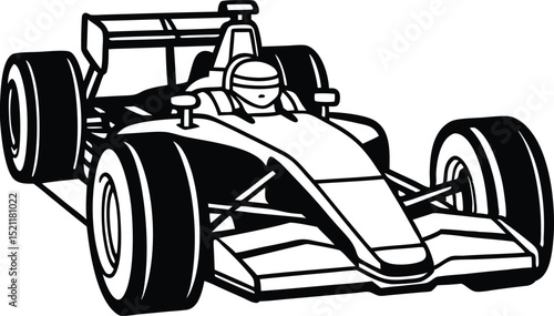 Black and white illustration of a formula one race car with a driver ready to compete