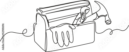 One Line Drawing of Toolbox with Tools – Minimalist Vector Illustration of Hammer, Gloves, and Equipment.