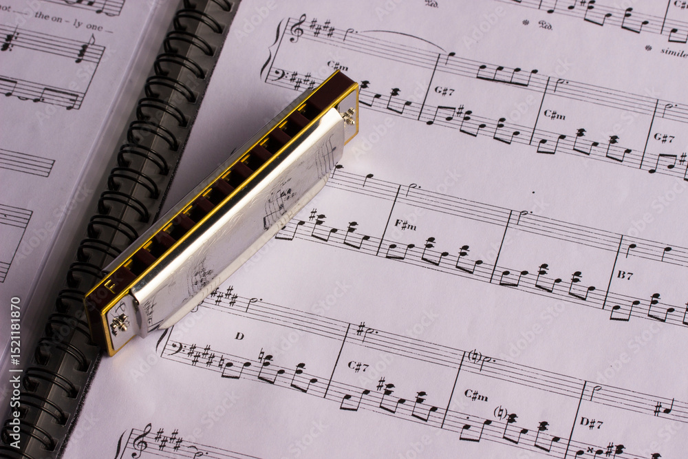 Fototapeta premium A metal harmonica on an open music book. taken in close-up, with space for text, an object, or an advertisement
