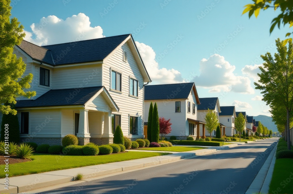 A row of houses on a quiet residential street with greenery and sidewalks A row of houses on a quiet residential street with greenery and sidewalks