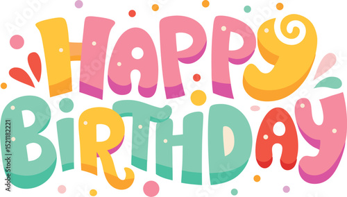 Colorful happy birthday text design with decorative shapes for celebration or greeting card
