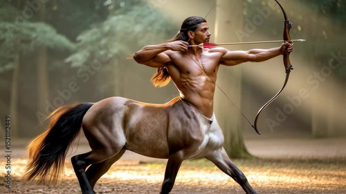 A mythical male centaur, half man and half horse, aiming a bow and arrow during a hunt in a forest setting, footage.