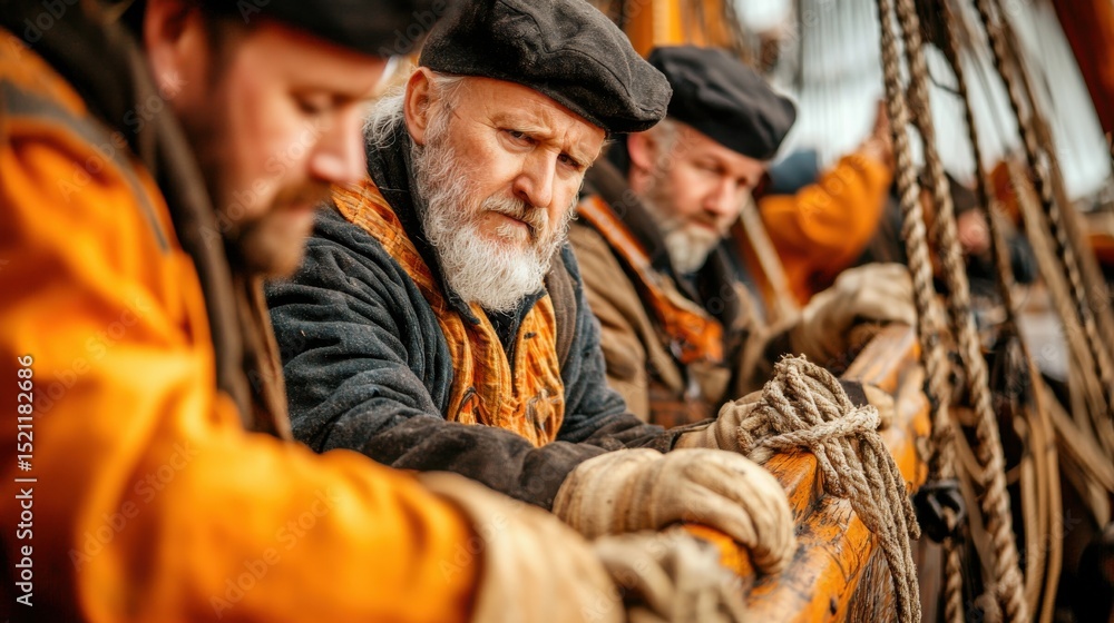 Obraz premium A group of seasoned sailors carefully preparing the rigging and gear for an upcoming voyage on a ship showcasing their expertise and teamwork in the maritime industry