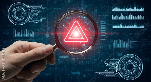 Cybersecurity alert: a hand holds a magnifying glass focusing on a red warning triangle, symbolizing the detection of a digital threat within complex data streams.