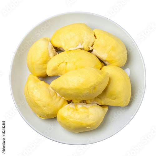 Fresh durian fruit on white plate, vibrant and tropical