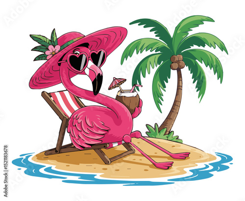 Cartoon-style illustration depicting a pink flamingo in a hat, sitting on a folding chair on an island with a palm tree and sipping a cocktail through a straw on a white background. Vector graphics. 