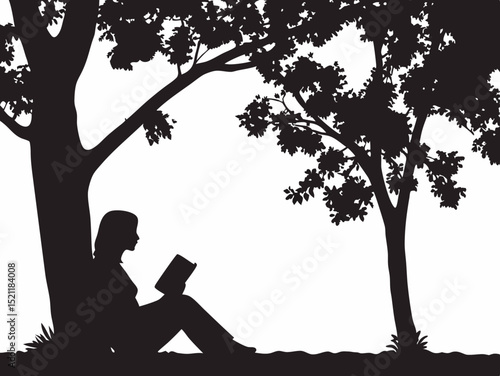 Silhouette of a woman reading a book under a tree in a park on a sunny day with another tree nearby