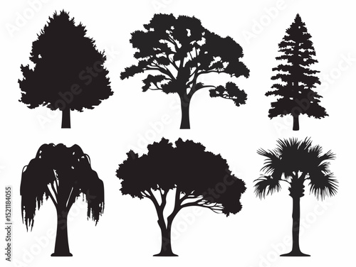 Six different tree silhouettes showcasing various species against a plain white background image art design