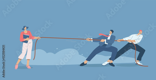 Businesswoman Competing in Tug of War Against Businessmen, Gender Equality Concept Vector.