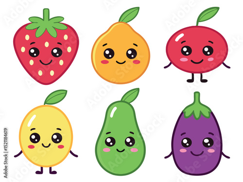 Cute Kawaii Fruit Characters – Cartoon Vector Set with Smiling Faces for Kids