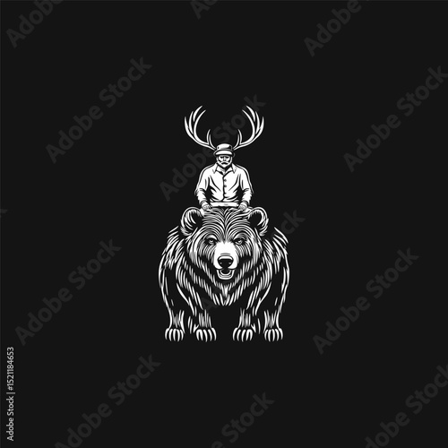 Deer headed gentlemen riding mighty bear design vector template illustration