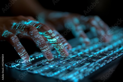 Glowing Hands Typing on a Transparent Keyboard with Digital Code Projection in a Dark Environment