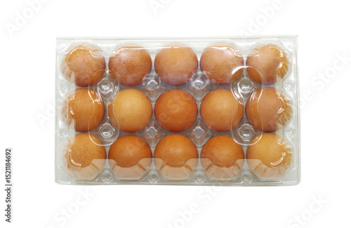 Pack of 15 chicken eggs, isolated clear plastic packaging of fifteen brown chicken eggs on a white background, flat lay image, space for branding label.
