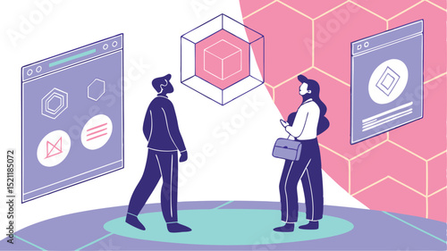 Two people viewing digital displays and a floating cube in a modern tech presentation setting area