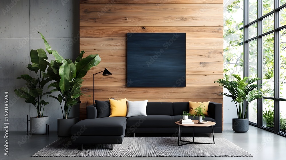 Fototapeta premium Rustic and modern living room with wooden accents