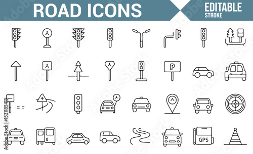 Set of Road and Traffic Icons for Navigation and Safety Design