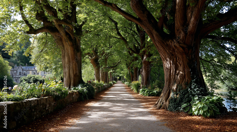 Fototapeta premium Sunlight dappled avenue with mature trees