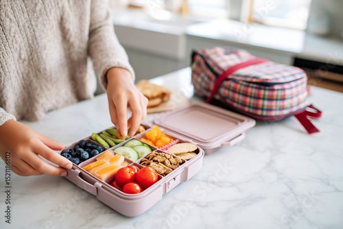 A woman prepares a colorful lunchbox filled with a variety of healthy snacks, on a marble kitchen counter with a plaid backpack in the background