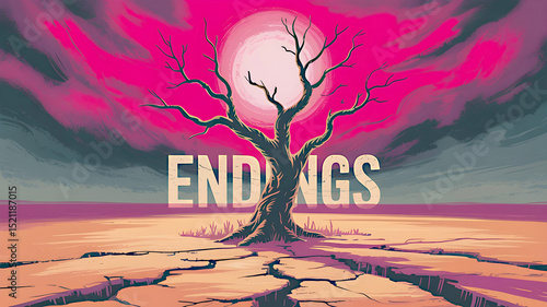 A stark, barren tree stands on cracked earth under a dramatic pink sky with a prominent sun, emblazoned with 