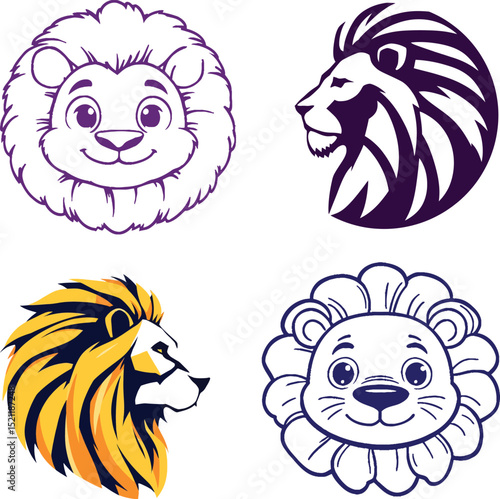 Set of Diverse Lion Head Illustrations, Featuring Cartoon, Stylized, and Realistic Styles