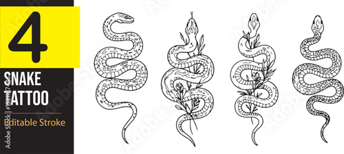 Snake Tattoo Design, Editable Stroke, Black Silhouette Flat Vector Illustration Snake. Snake Design Logo and Tattoo. Isolated Black Cobra. Animal, Snake Drawing
