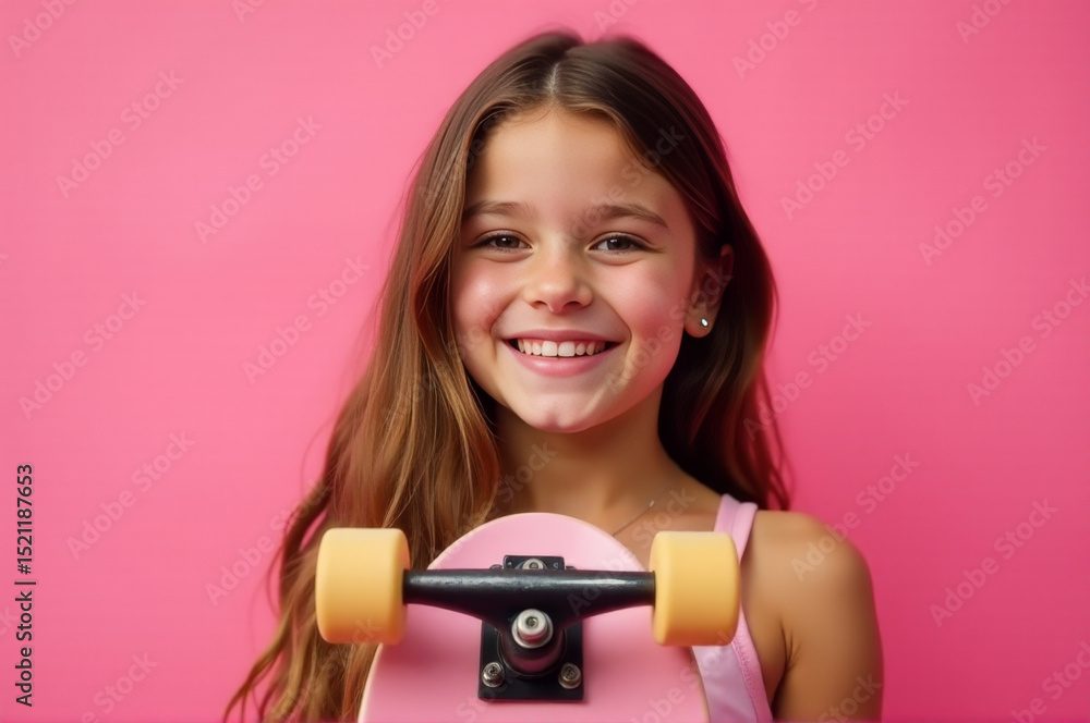 Fototapeta premium A young girl holding a skateboard in front of a bright pink background, perfect for kids or action-themed designs