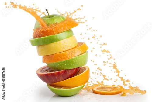 Stacked Fruit Slices with Juice Splash, Vibrant Colors, Healthy Eating