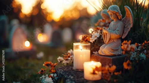 Tranquil churchyard setting at dusk with candles burning near gravestones and a serene angel statue amidst autumn flowers and foliage creating a reflective and spiritual atmosphere