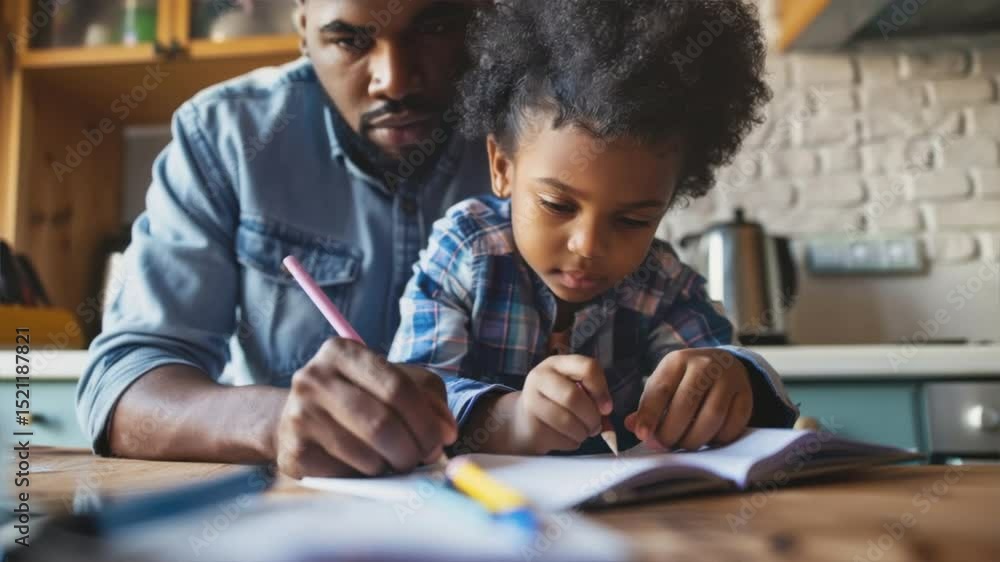 A father and child engage in creative learning, writing and drawing together at home, fostering bonding and education. A father and child engage in creative learning, writing and drawing together at home, fostering bonding and education.